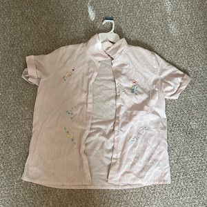 Koret Brand Pink Stripped Short-Sleeve Collar Button-Up Shirt Flower Embroidery